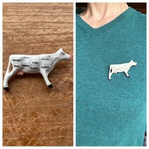 Vintage Cow Meat Cuts Novelty Brooch Pin by Artist Parrot Pearl